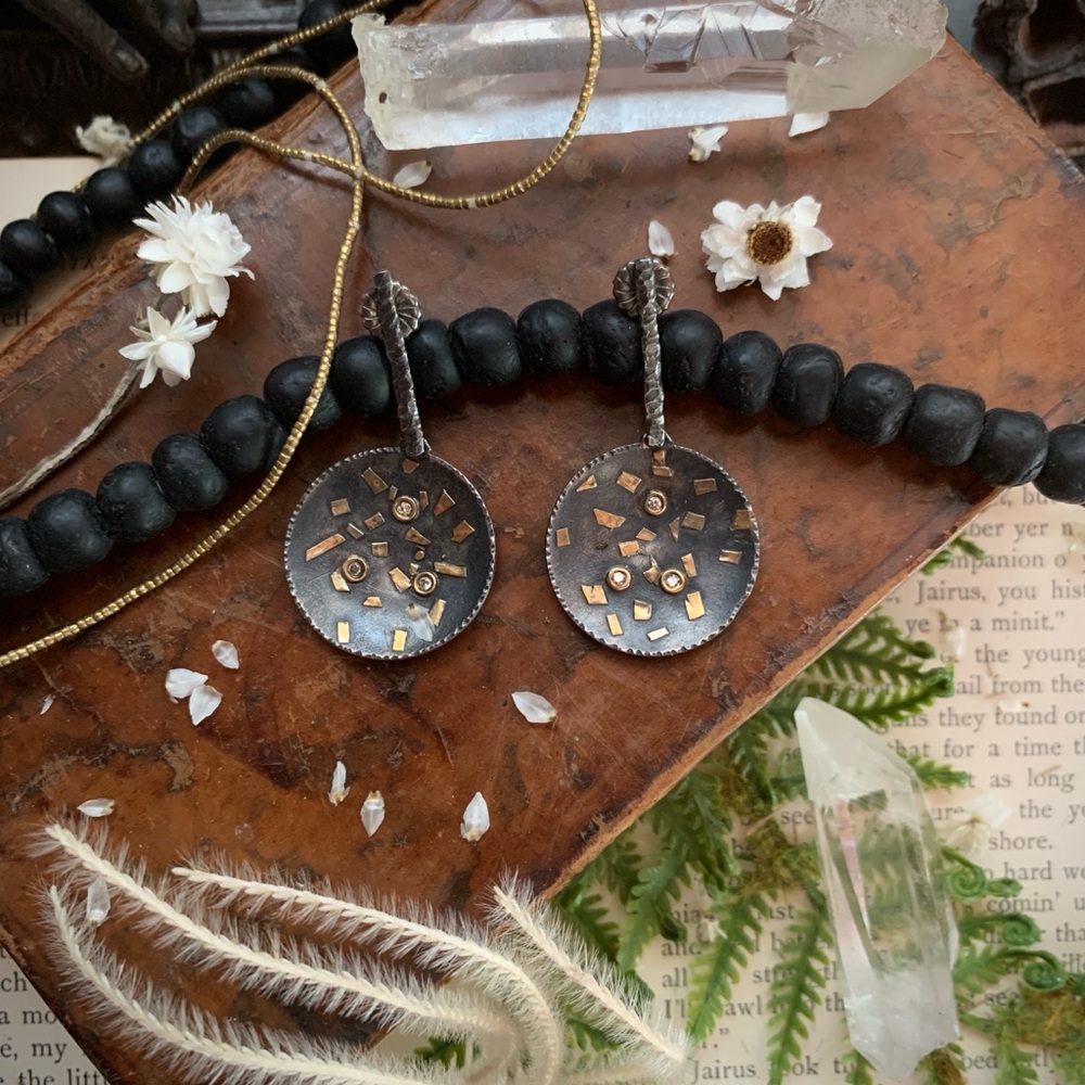 Designer Artisan 18k Gold Diamond Oxidized Sterling Silver Disc Dangle Earrings - Picture 9 of 11